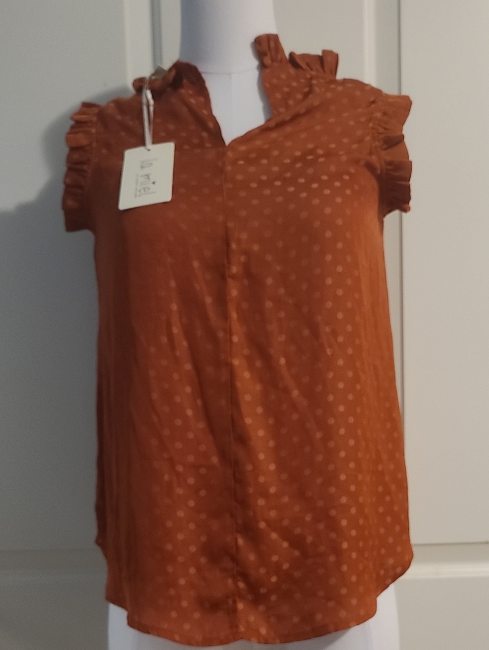 NWT La Miel Silky Polka Dot High Neck Ruffle Blouse
